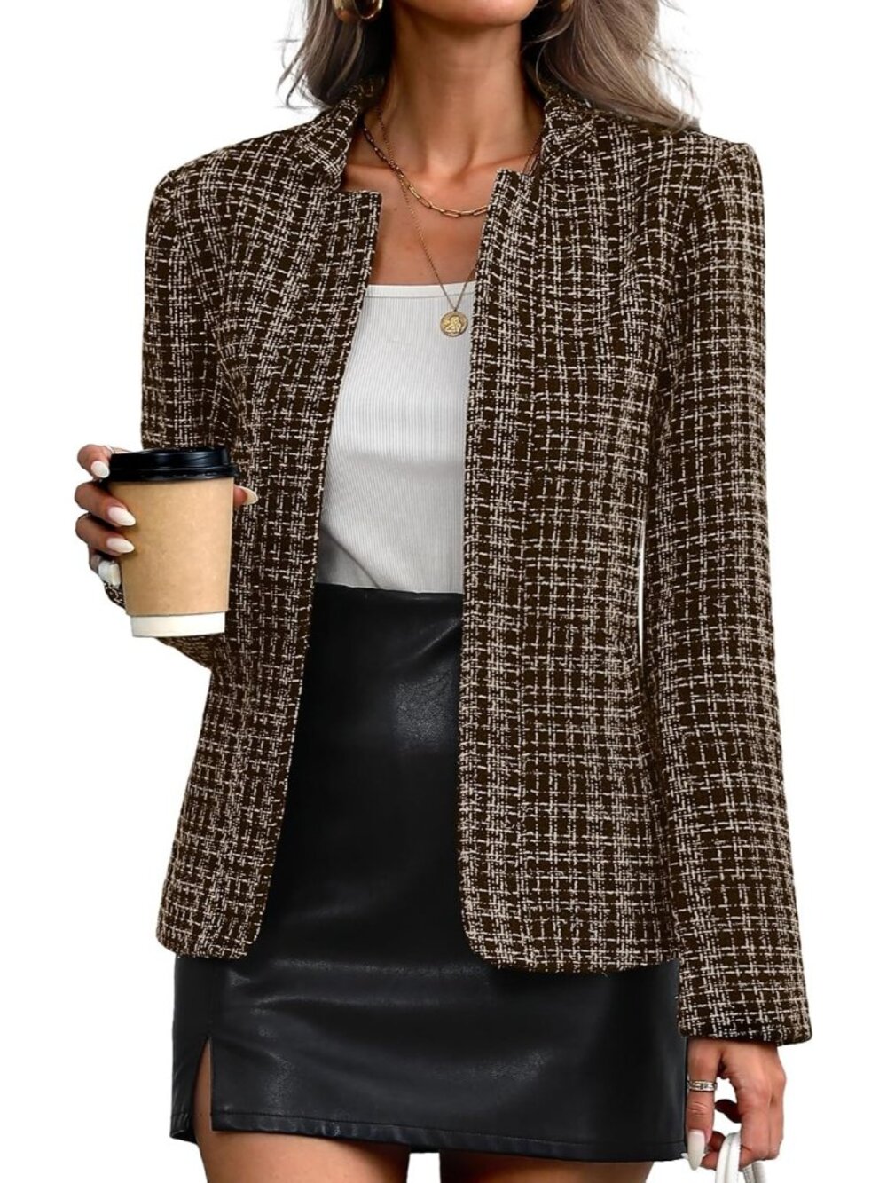 〽️Women's Brown Tweed Open Front Long Sleeve Notch Collar Casual Business Blazer